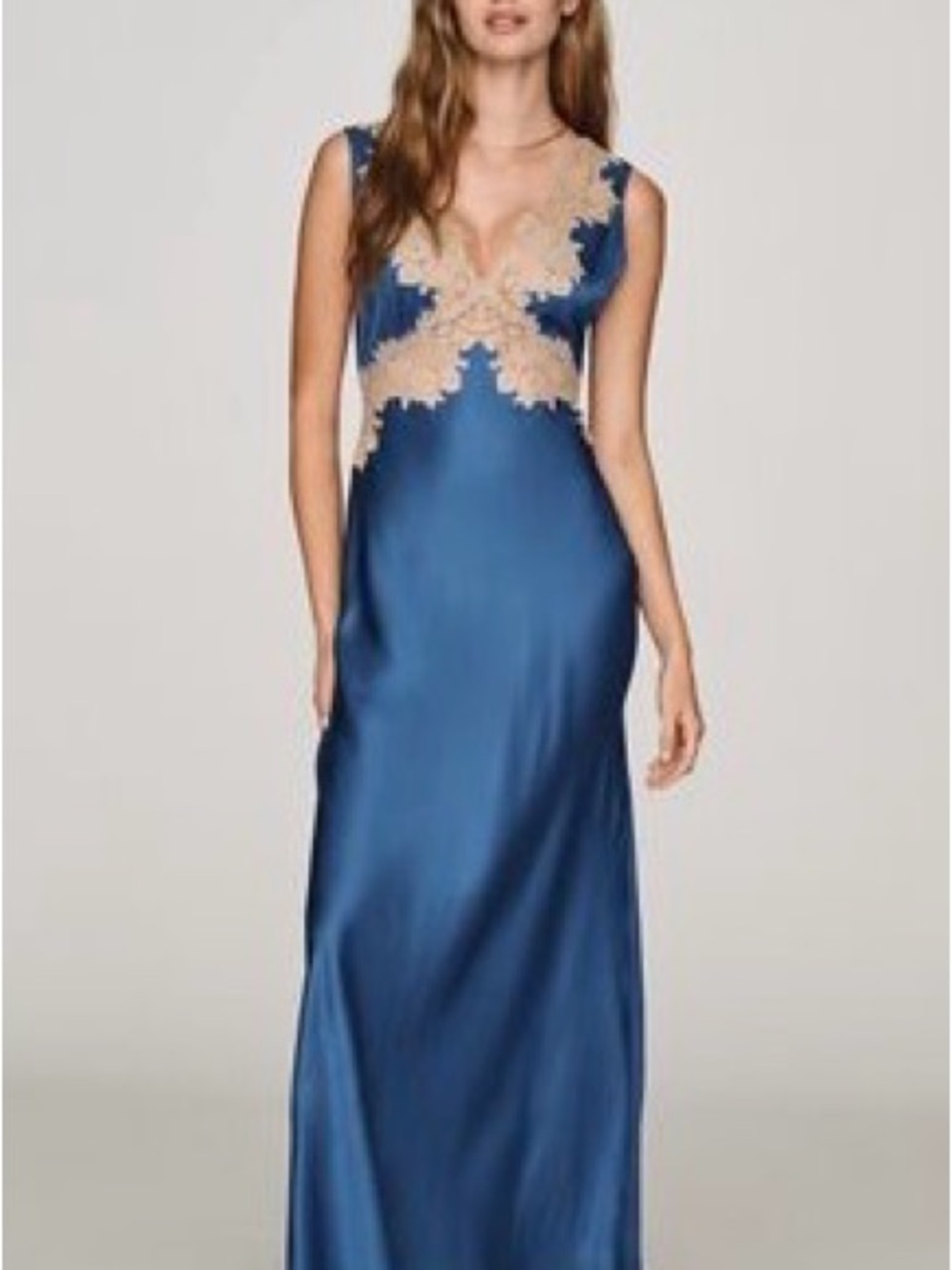 RIXO Blue Satin Gown with Cream Lace Bodice